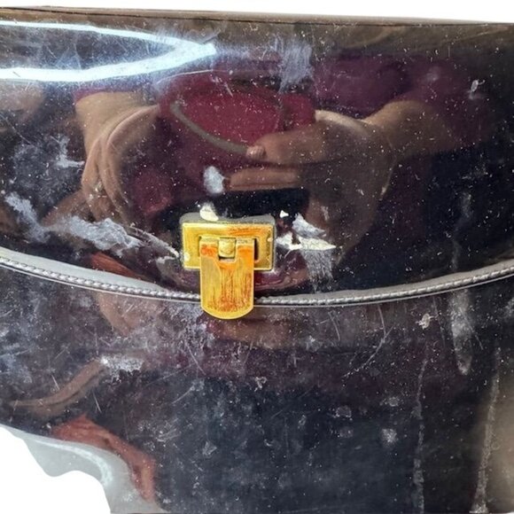 Vintage Black Patent Leather Handbag With Gold-Tone Clasp And Striped Inner Lini - Picture 2 of 8